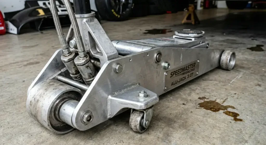 an Aluminum Racing Jack showing the dual pump pistons and wide front roller