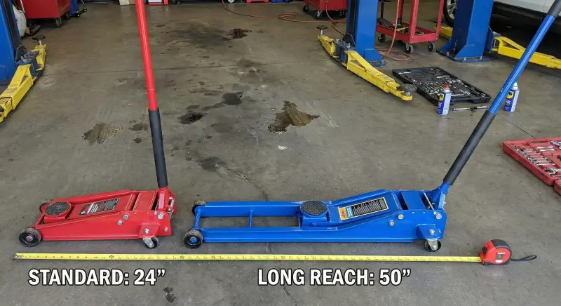 Long reach floor jack vs standard floor jack size comparison